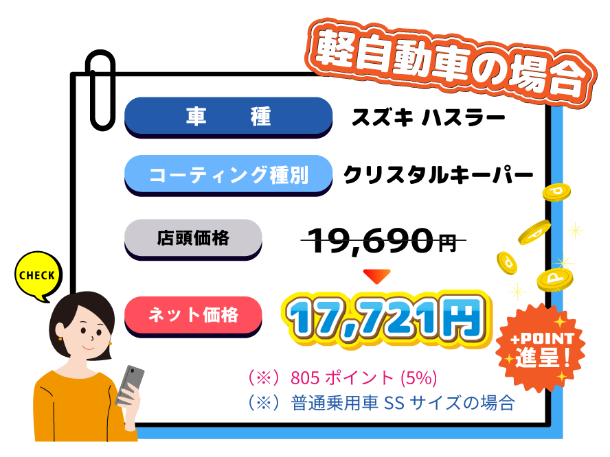 エントリーで楽天ポイントGET
ネットでコーティング予約がお得
軽自動車の場合